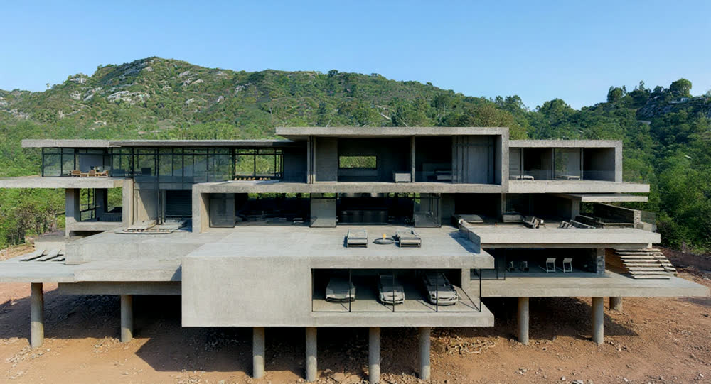 Concrete frame with stacked floor slabs